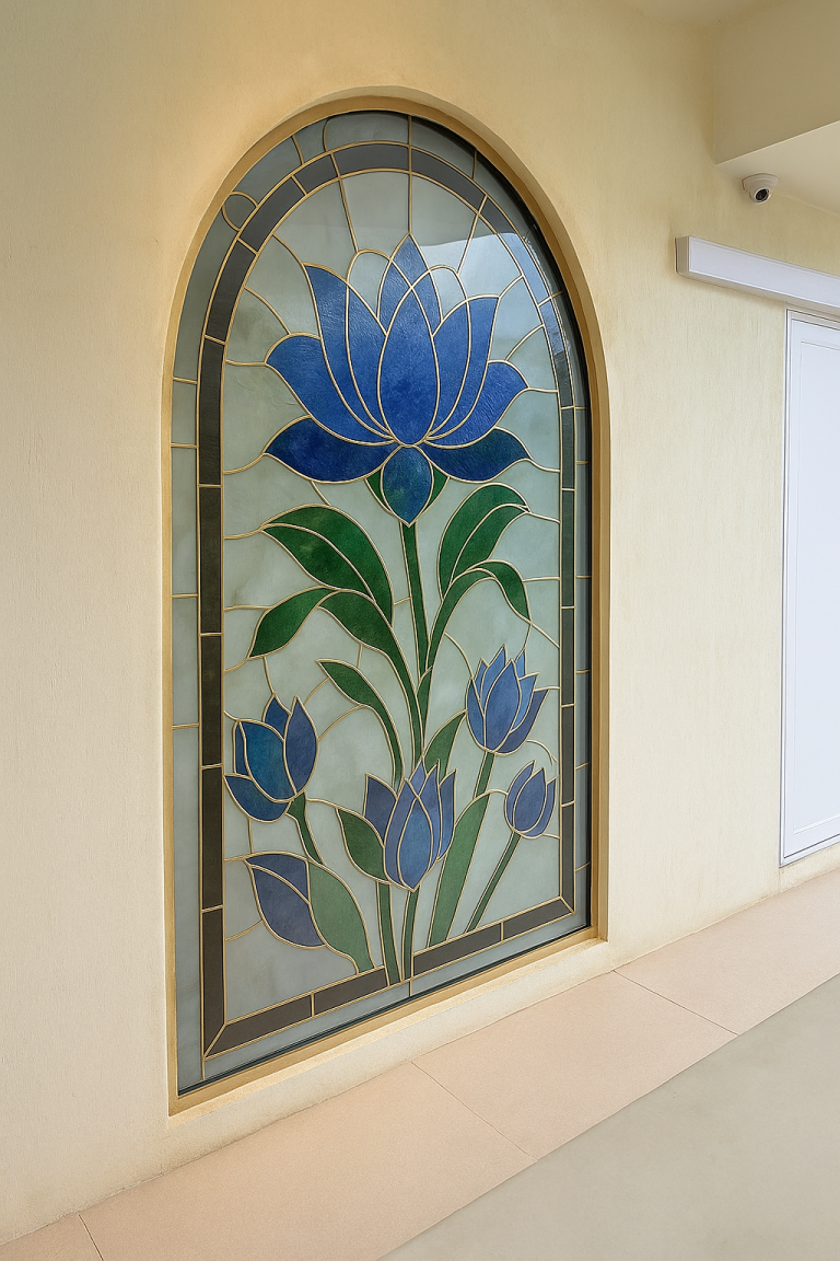 huge stained glass blue flower installed on merlin restaurant ubud bali