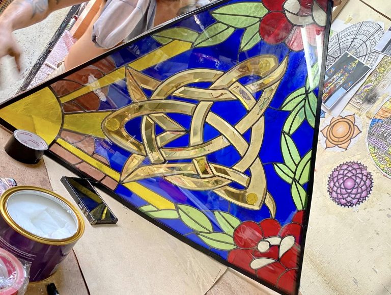 stained glass celtics motifs triangle finishing commisioned by merlins restaurant in ubud bali