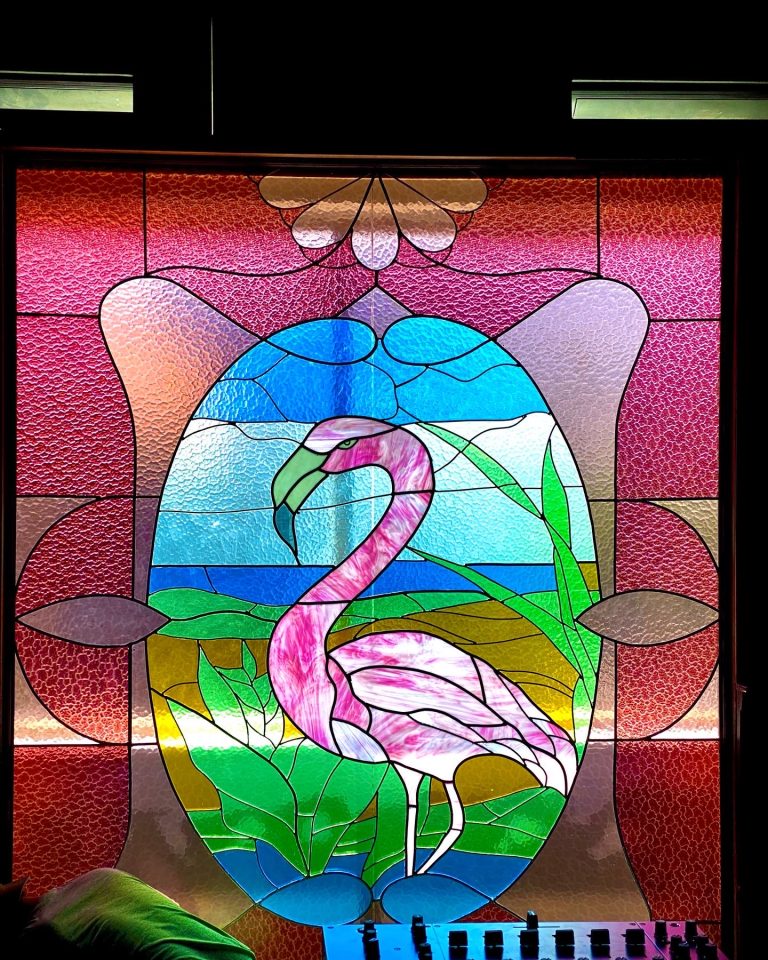 dtained glass flamingo huge installed in a small lounge in seminyak, bali. by eraglassbali back in 2019