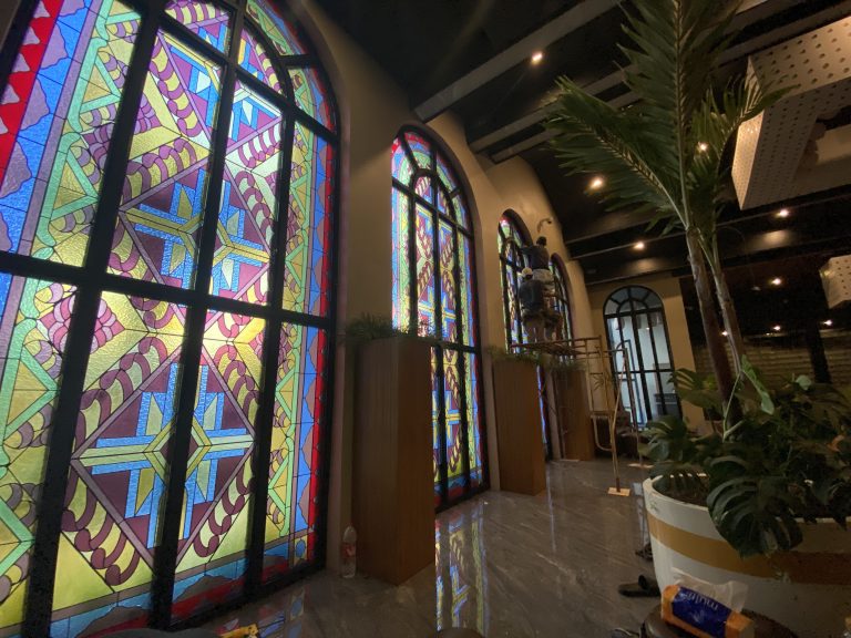 stained glass installation on pamela lounge in renon bali