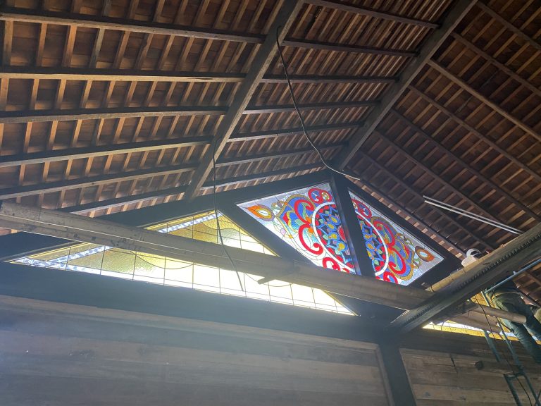 huge stained glass installation in canggu, pantai nyanyi inside a traditional joglo house