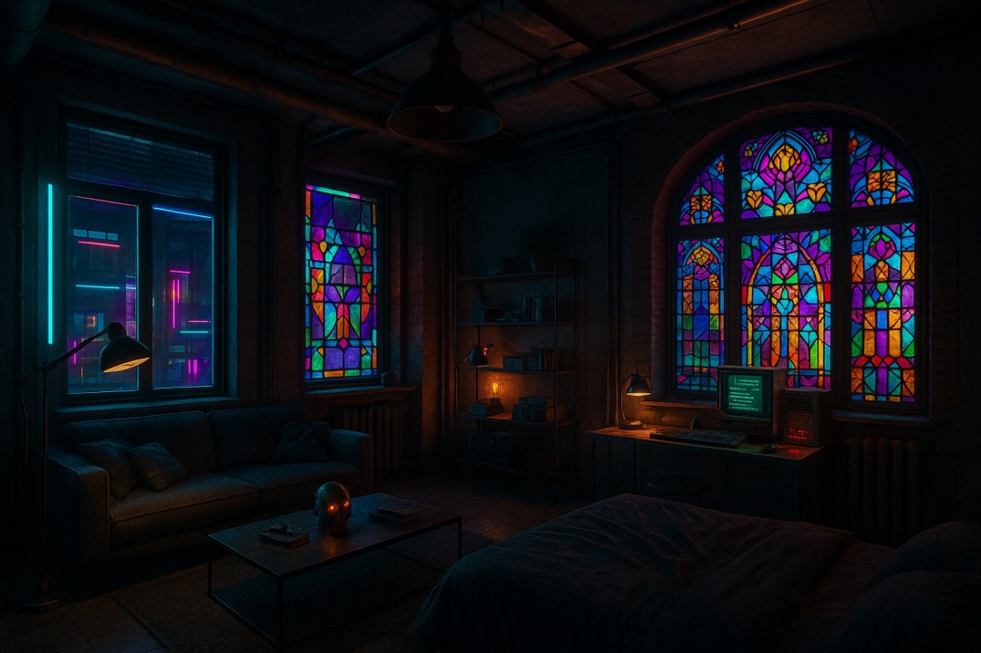 Stained glass partition in an industrial-style office with exposed brick and steel beams