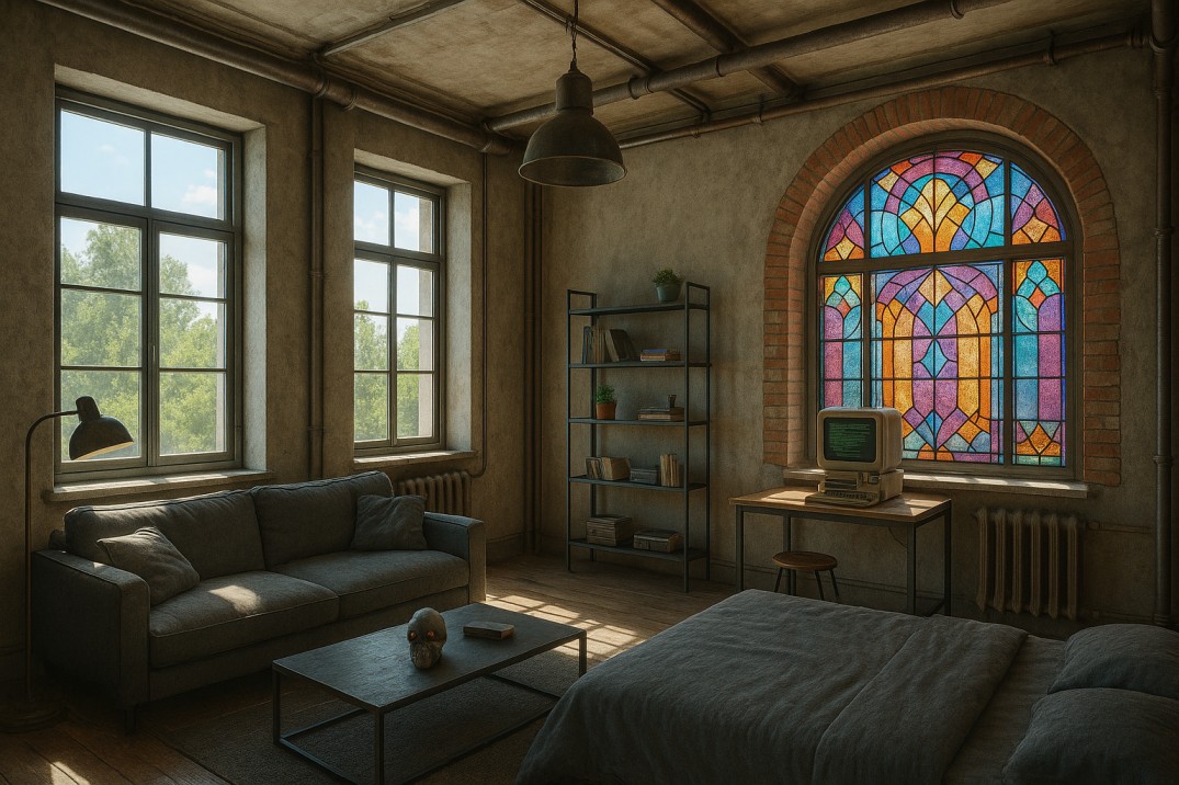 Stained glass room divider in a modern industrial loft apartment in Bali