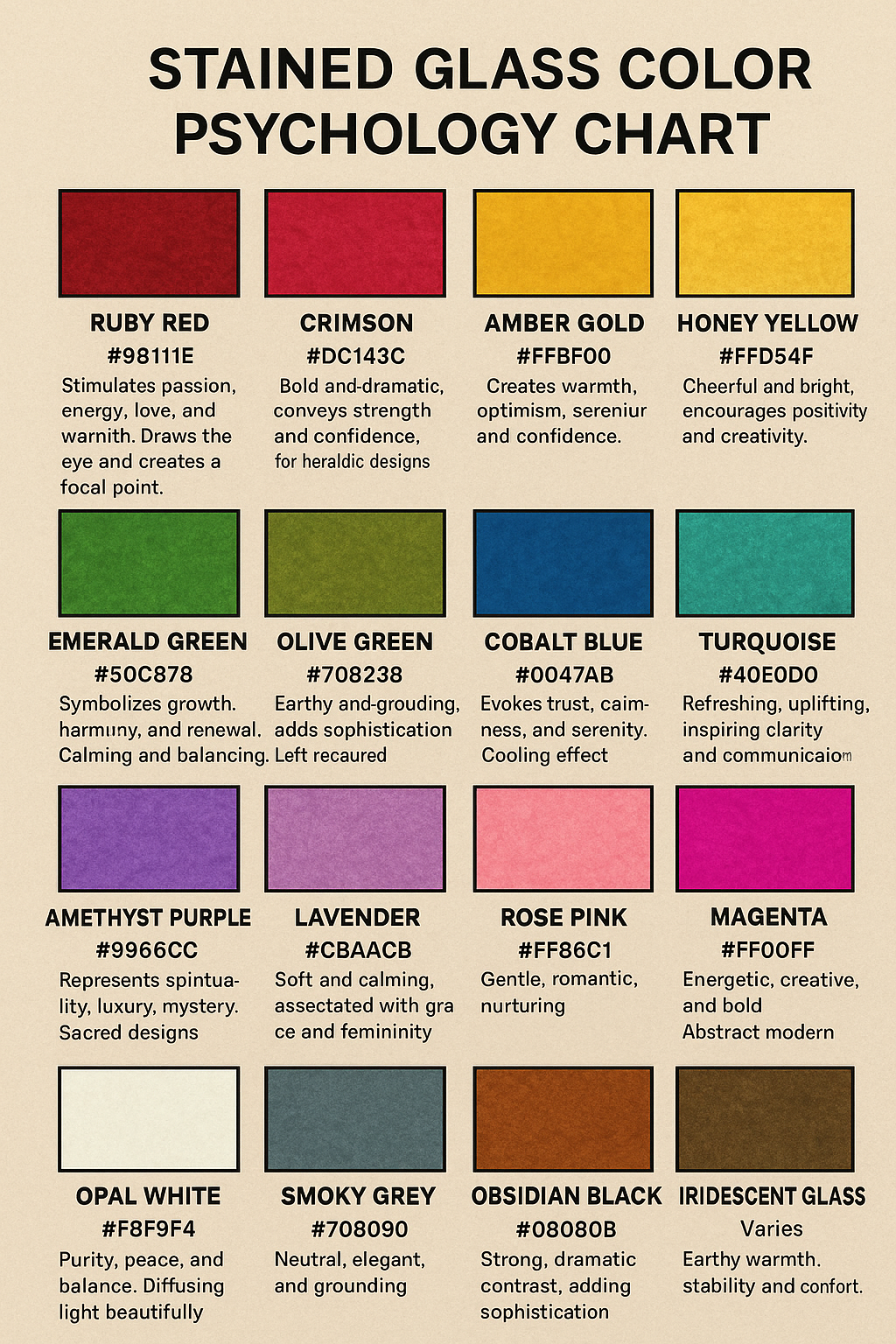 Detailed color chart showing psychological effects of different stained glass hues