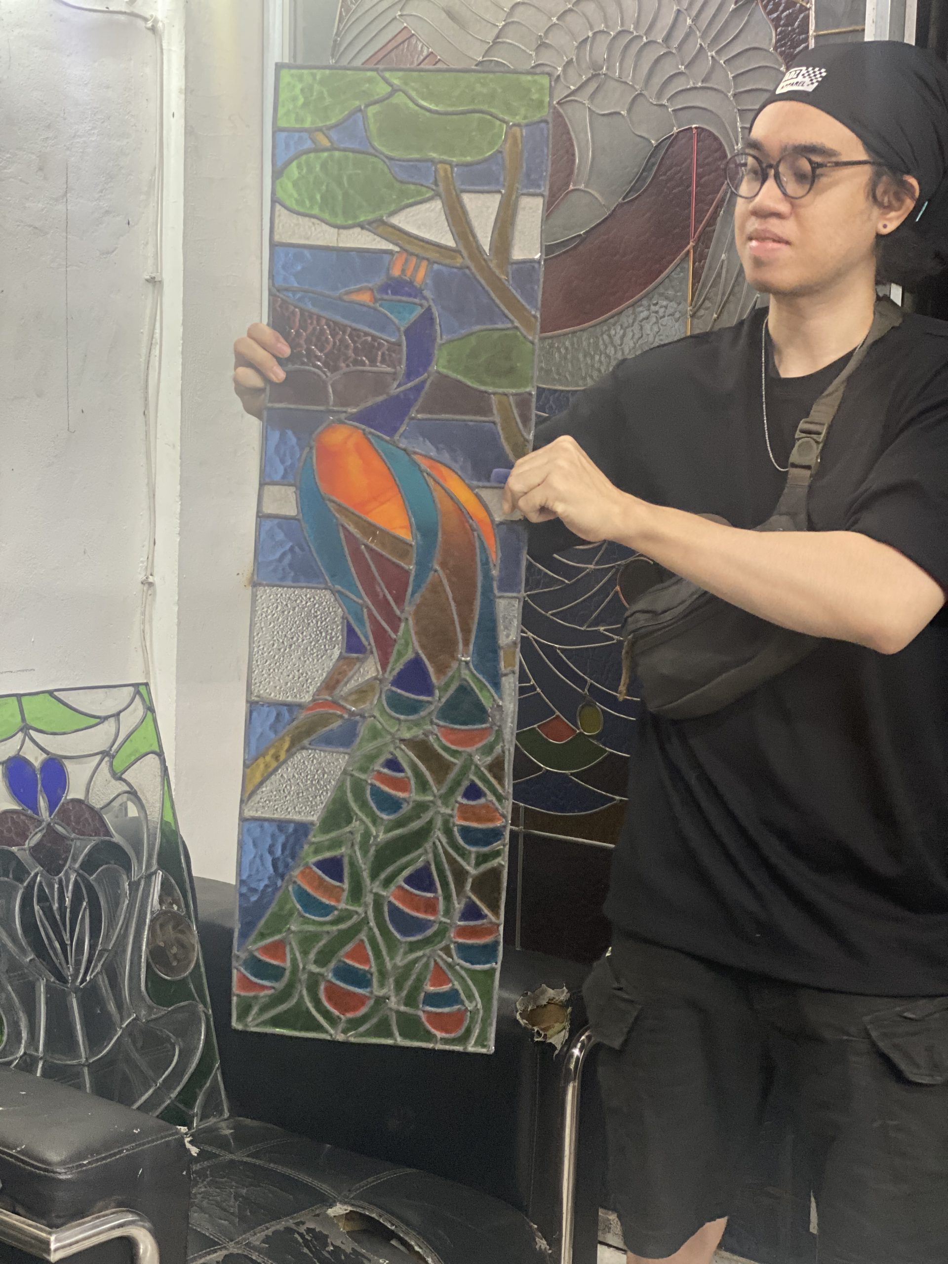 Victorian Stained Glass Window with Peacocks